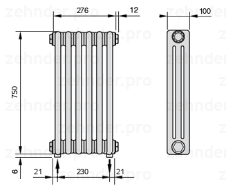 Схема (чертеж) Радиатор Zehnder Charleston 3075/6 №3570 Белый глянцевый RAL 9016
